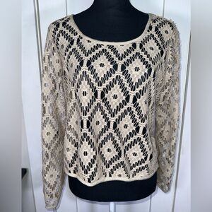 Vintage Beige Crochet Knit Long Sleeve Top